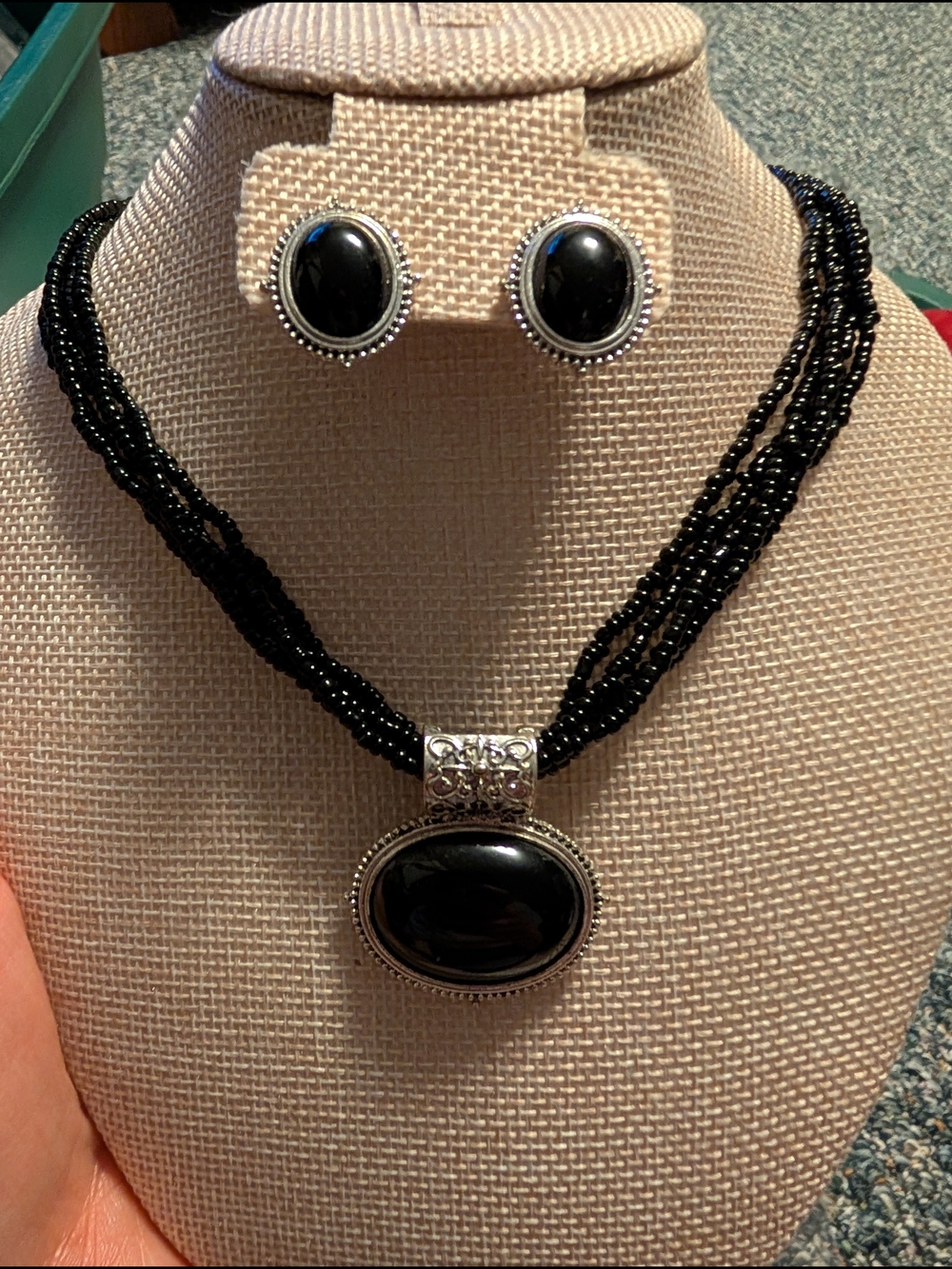Black Beaded Multi-Strand Necklace with Matching Stud Earrings